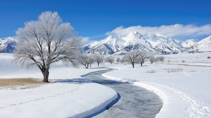 Obraz premium Snowy river meanders through winter valley, mountains background, nature scene, winter landscape photography