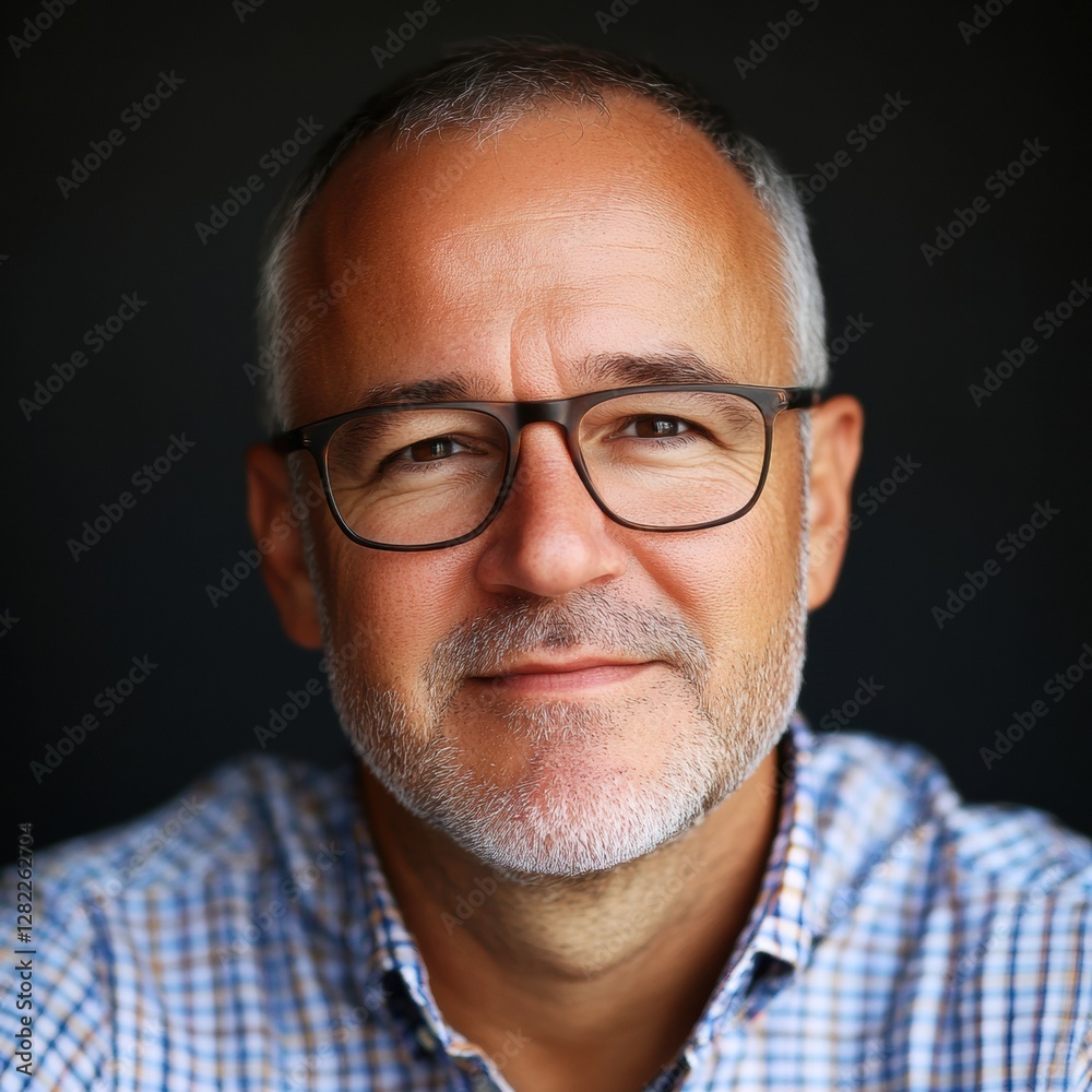 Poster Middle aged man with glasses and beard smiling warmly against a dark background during a casual portrait session. Generative AI