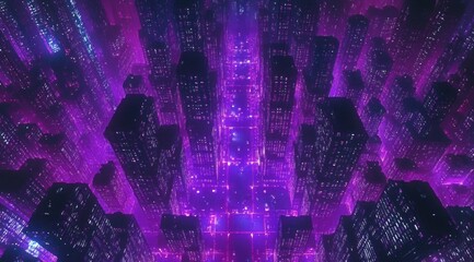 Futuristic Cityscape Aerial View with Neon Lights and Skyscrapers in Metaverse