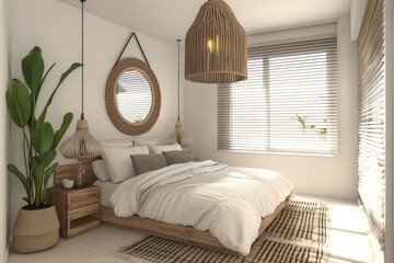 Bright bedroom with natural decor, wooden bed, and rattan lights.