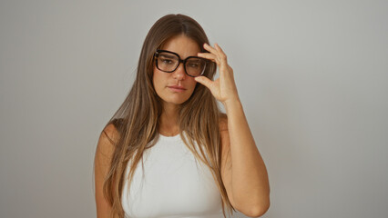 Young hispanic woman wearing glasses and white top standing over isolated white background