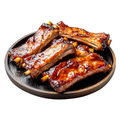 Delicious barbecue ribs served on wooden plate, glistening with sauce, perfect for hearty meal
