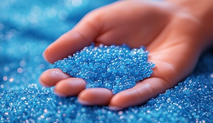 Hand Holding Blue Plastic Beads Textured Shine Natural Light Shallow Depth of Field Recycling Production Line