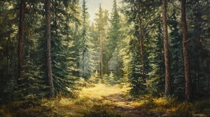 Fototapeta premium Sunlit Forest Path, Nature, Tranquil, Summer, Trees, Woodland, Landscape, Calm, Painting, Background