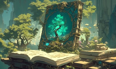 Obraz premium Magical book with a glowing golden tree of life in emerald green