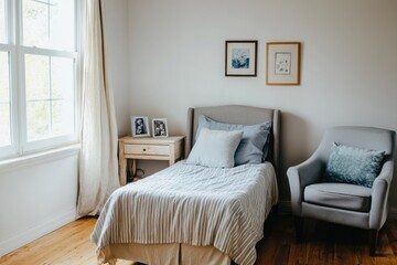 Fototapeta premium Bright bedroom with single bed, armchair, and natural light.