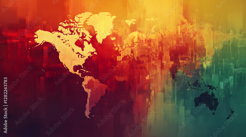 Poster world map appearing on grunge colorful abstract background with digital painting