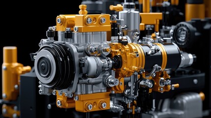 Obraz premium Powerful engine close-up, industrial machinery, dark background, technical illustration, for engineering publications