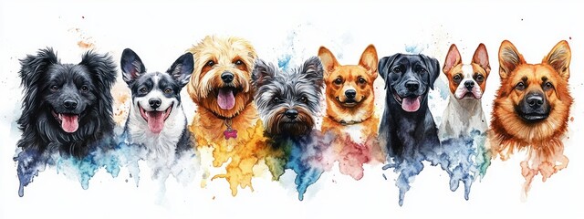 Watercolor Illustration of Various Dog Breeds Featuring Playful Expressions and Dynamic Colors on White Background