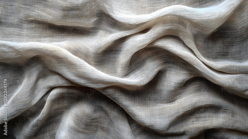 Poster close-up image of beige linen fabric, showing its soft drapes and subtle textures. elegant and luxur