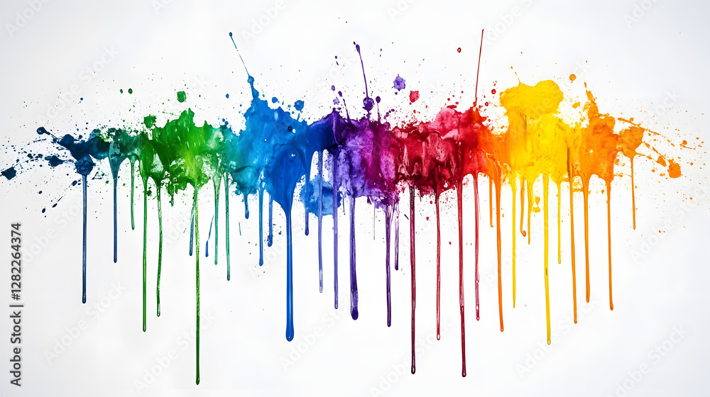 Poster colorful paint dripping down a white wall creating an abstract design