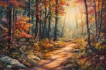 Autumn path through forest, sunlight, fall foliage, nature scene, wall art