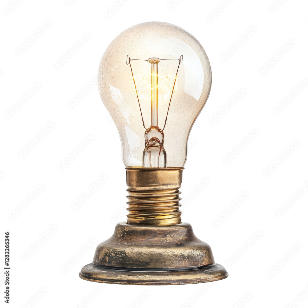 Poster vintage light bulb with warm glow, showcasing classic design and brass base, perfect for adding nostalgic touch to any space