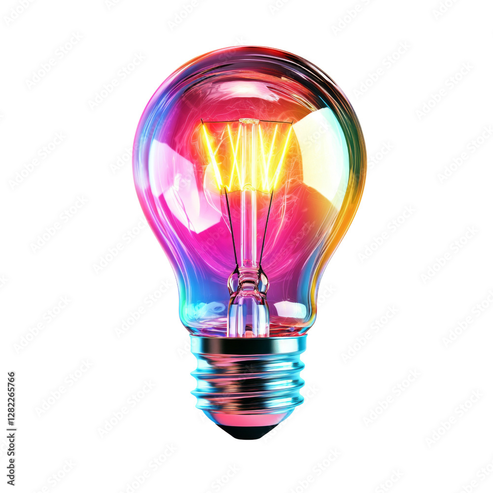 Poster vibrant light bulb with colorful reflections and glowing filaments, showcasing modern design and art