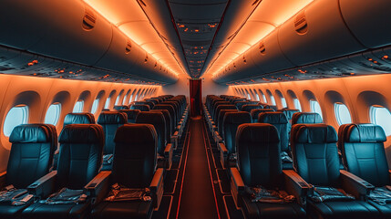 Fototapeta premium Inside a modern airplane cabin with rows of empty seats, conveying a sense of travel, space, and quiet anticipation