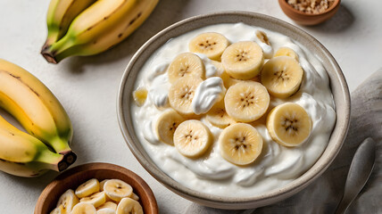 Banana Yogurt Delight: A close-up view captures the inviting textures of a fresh, creamy yogurt bowl artfully topped with slices of ripe bananas and a hint of garnish.