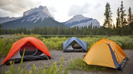 view of a camping tent decorated with mountains
