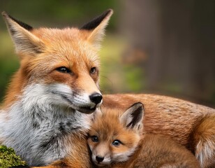 Fototapeta premium Fox mother cuddles with her adorable cub in a serene forest setting during springtime