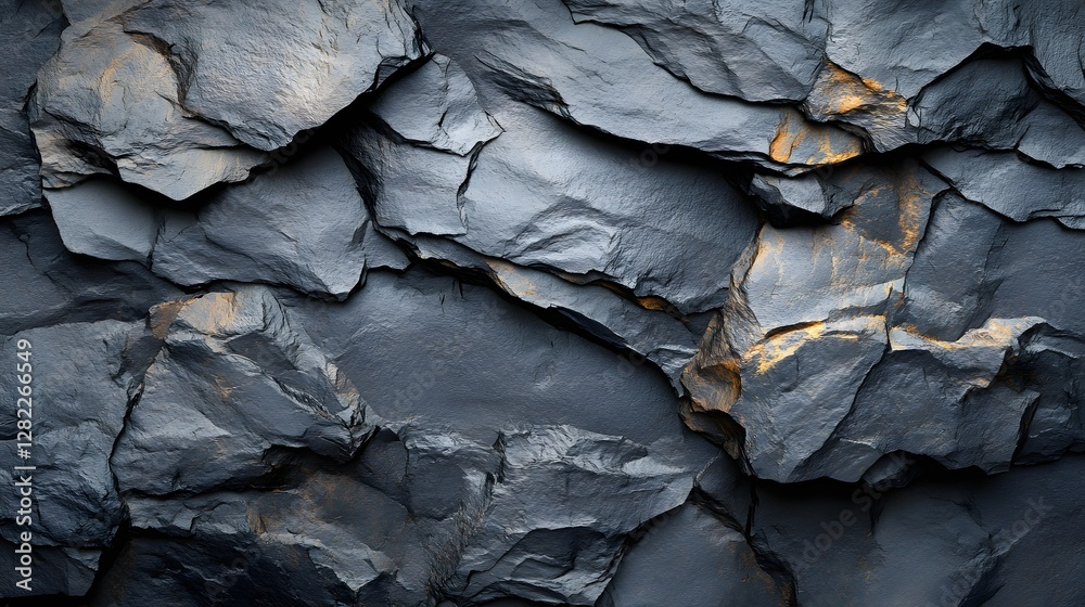 Poster Close-up view of a dark grey rock surface with hints of gold. Intricate texture and layering showcase the natural beauty. Dark Grey and Gold Rock Formation Texture