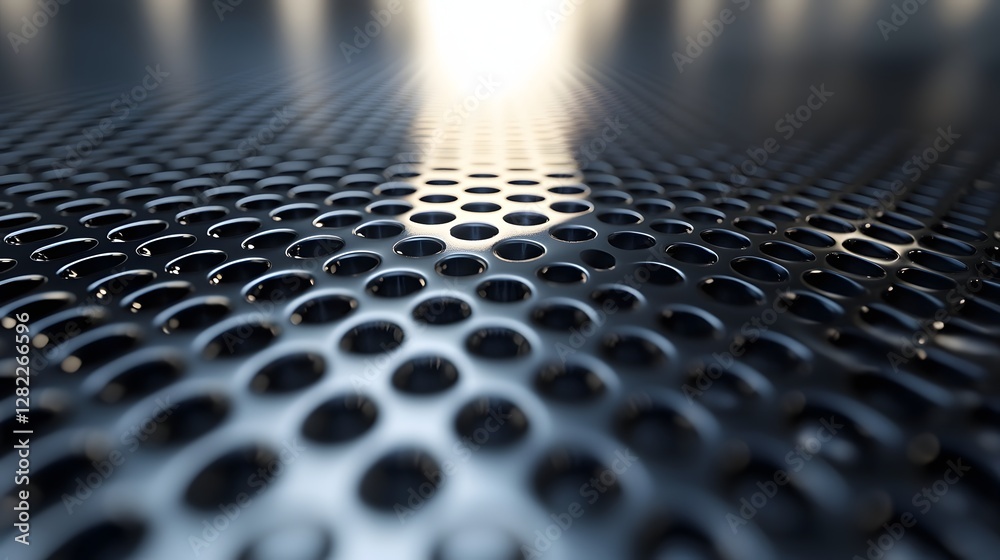 Poster close-up view of a perforated metal sheet, showcasing its intricate texture and reflective surface. 