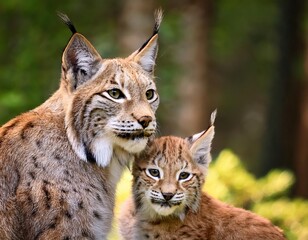 Obraz premium Mother and baby lynx resting together in a serene forest setting