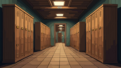 Rustic wooden lockers with numbered doors in an old apartment building hallway, evoking a vintage charm