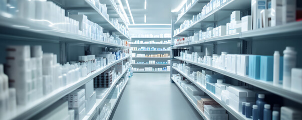 Obraz premium Pharmacy drugstore interior with medications organized on shelves