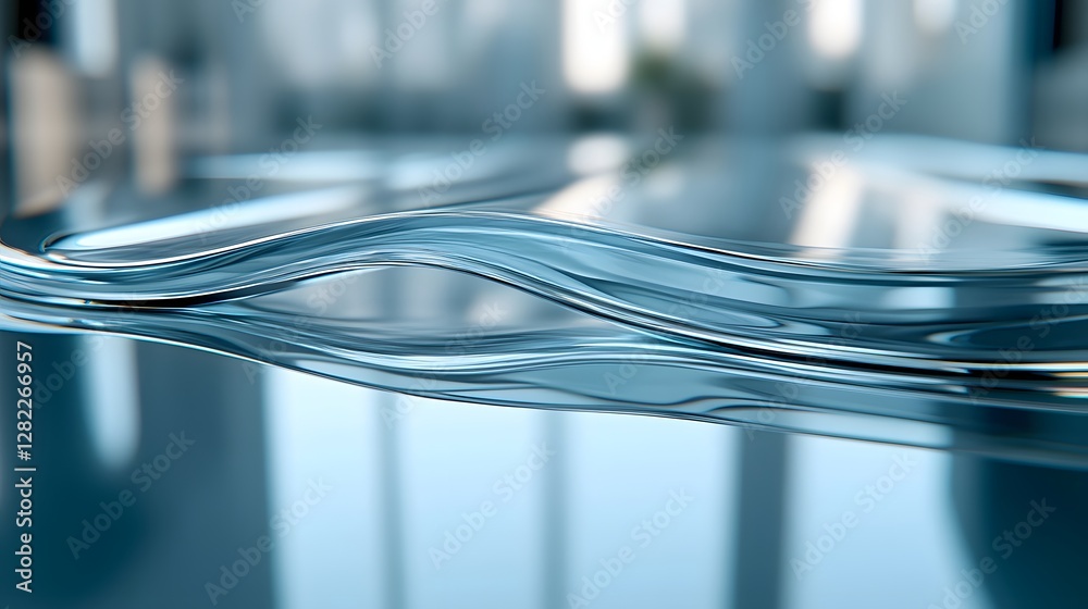Poster Abstract image of a blue liquid wave reflecting on a smooth surface. Minimalist design with a serene atmosphere. Abstract Blue Liquid Wave Reflection Smooth Curves and Translucent Textures