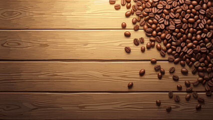 Rustic Wooden Surface with Scattered Coffee Beans, Warm Tones and Soft Lighting