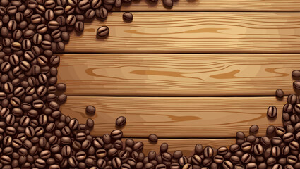 Rustic Wooden Surface with Scattered Coffee Beans, Warm Tones and Soft Lighting