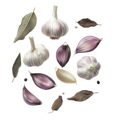 Fresh garlic cloves and leaves arranged artistically, showcasing their natural beauty and texture. This vibrant composition highlights culinary appeal of garlic