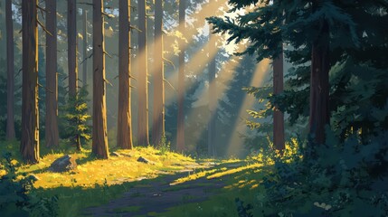 Sunbeams in pine forest path; morning light