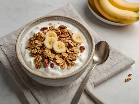 Healthy Breakfast Bowl: A close-up shot of a breakfast bowl filled with creamy yogurt, crunchy granola, fresh banana slices, and nuts, with a plate of bananas and a spoon.