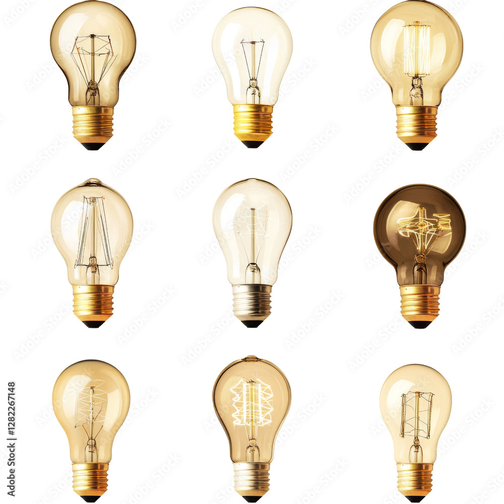Poster Bright light bulbs in various designs arranged in grid, showcasing different filament styles and shapes, creating warm and inviting atmosphere