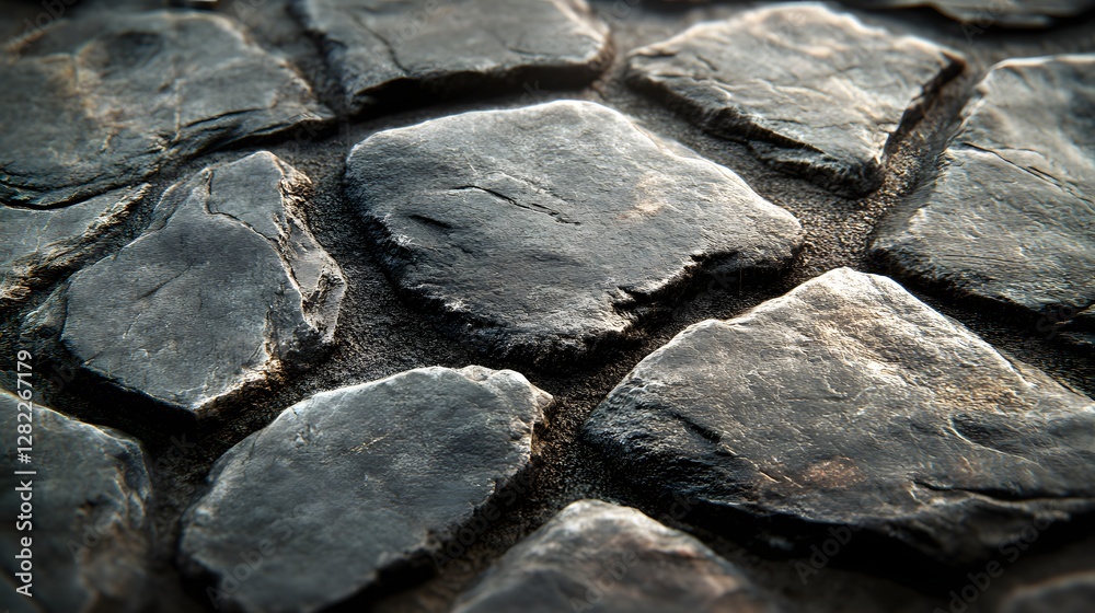 Poster Close-up view of dark grey cobblestones. Rough texture and irregular shapes. Cobblestone Texture: Dark Grey Stones Close Up