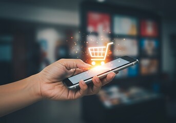 Online Shopping with Mobile Phone Shows Cart Icon and Hand