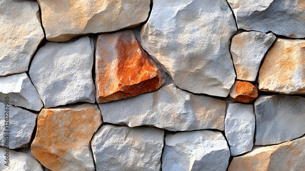 Poster Close-up view of a stone wall showcasing various shapes, sizes, and colors. The texture is rough and rustic. Irregular Stone Wall Texture: A Stunning Display of Natural Hues and Rustic Charm