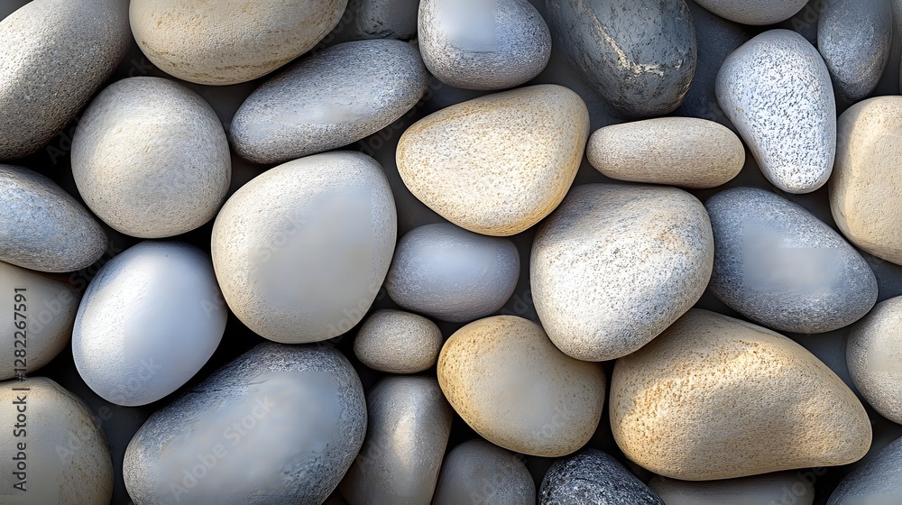 Poster a captivating image of numerous smooth stones in varying shades of grey, beige, and white. the close