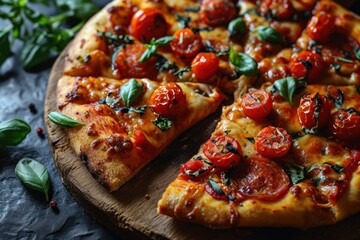 Pizza. Pizza Capricciosa, Traditional Italian Pizza with Tomato Sauce, Mozzarella Cheese, Ham, Mushrooms, Artichokes, and Olives, Tasty Pizza Isolated on a Background with Copy Space.