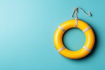 Yellow inflatable ring hanging on turquoise background with copy space