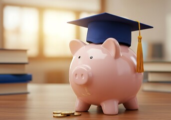 Saving for Education Pink Piggy Bank with Graduation Cap and Coins