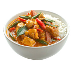 Fototapeta premium Delicious chicken curry served with rice, featuring vibrant vegetables and aromatic spices, creating flavorful and comforting dish