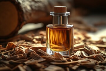 A glass perfume bottle with a wooden stopper sits among rich oud wood shavings, reflecting warm amber hues. 