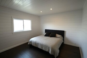 Bright bedroom with white shiplap walls, dark hardwood floors, and a king-size bed.