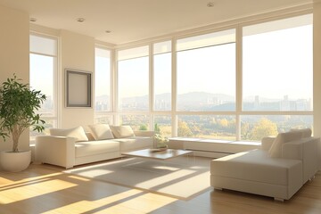 Fototapeta premium Sleek minimalist living room with neutral tones, large windows, and soft natural lighting