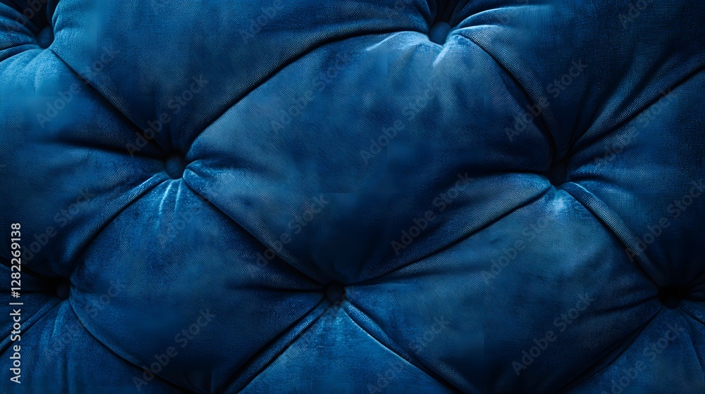 Poster close-up of a deep blue velvet upholstery texture with button tufting. luxurious and stylish. deep b