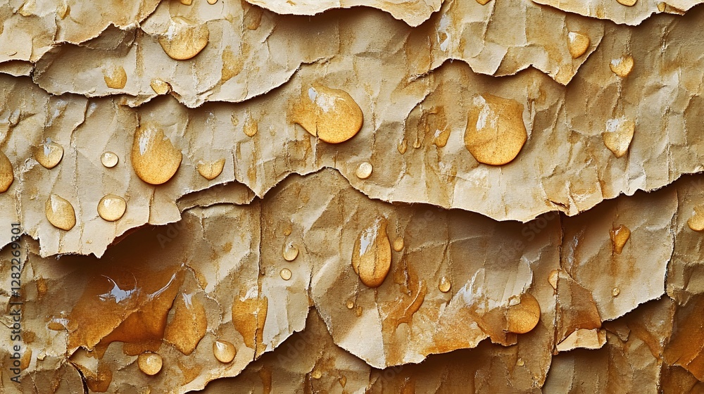 Poster close-up of wet brown crumpled paper with water droplets. abstract wet brown paper texture