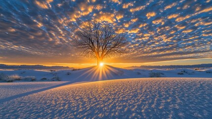 Sunrise over snowy landscape, lone tree silhouetted, winter scene, nature photography