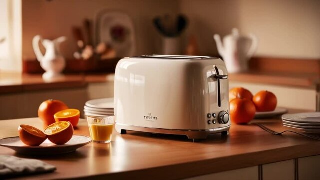 white toaster on a kitchen counter with various breakfast items such as oranges, a plate, and other kitchen utensils in the background, created with generative ai	