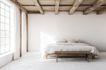 Bright bedroom with wooden beams, large window, and white walls.